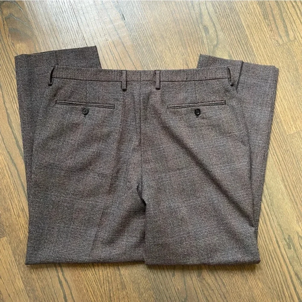 Banana Republic Wool Slim Trousers with extended tab brown glen plaid Mens 35x30